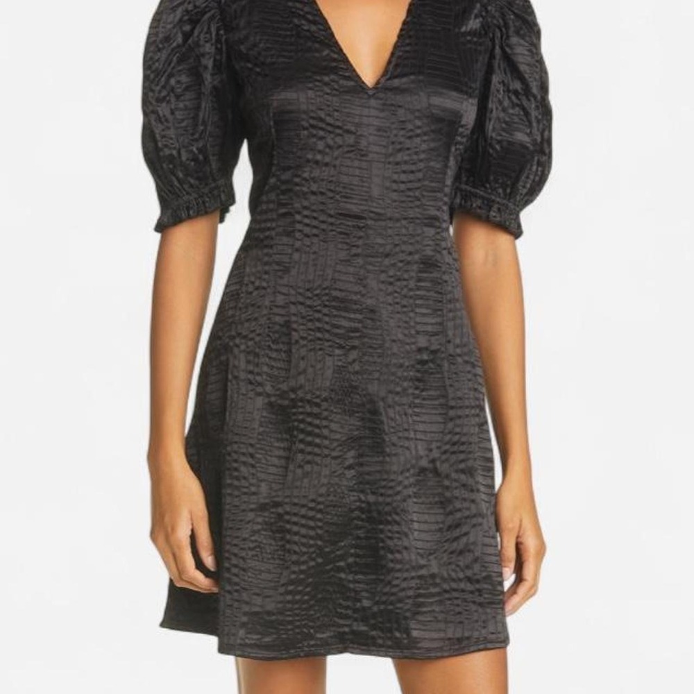 Samsoe Samsoe Anai Black Textured Satin Puff Sleeve V-Neck Mini Dress XS